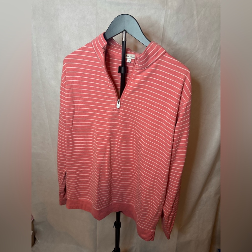 Peter Millar Men’s Coral and White Striped Quarter-Zip Pullover